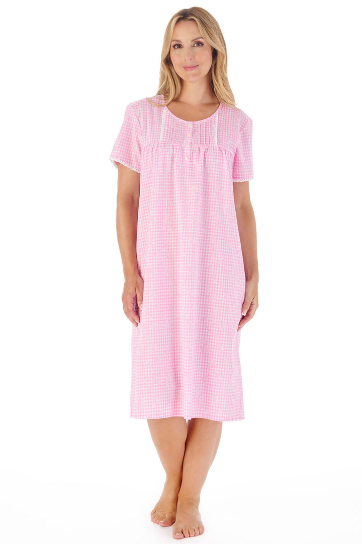 Slenderella ND03212 Pink Gingham Shortsleeved Nightdress - Shirley Allum Boutique