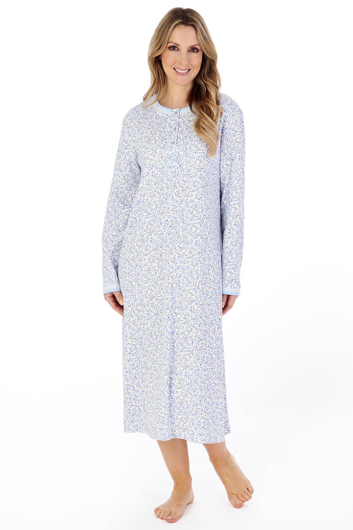 Slenderella ND04126 Blue Floral Print Long Sleeve Nightdress - Shirley Allum Boutique