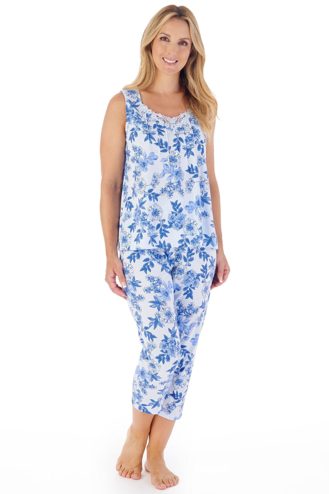 Slenderella PJ03113 Blue Tonal Floral Jersey Pull-On Pyjama Set - Shirley Allum Boutique