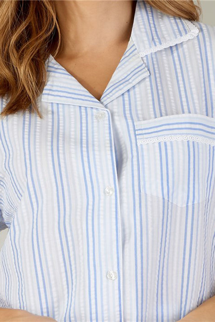 Slenderella PJ3223 Blue Pastel Stripe Seersucker Tailored Pyjamas - Shirley Allum Boutique