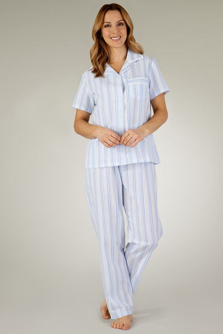 Slenderella PJ3223 Blue Pastel Stripe Seersucker Tailored Pyjamas - Shirley Allum Boutique