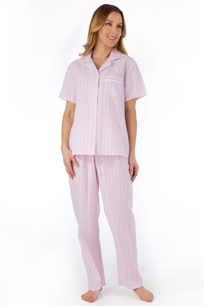 Slenderella PJ55225 Pink Pinstripe Seersucker Button Through Pyjama - Shirley Allum Boutique