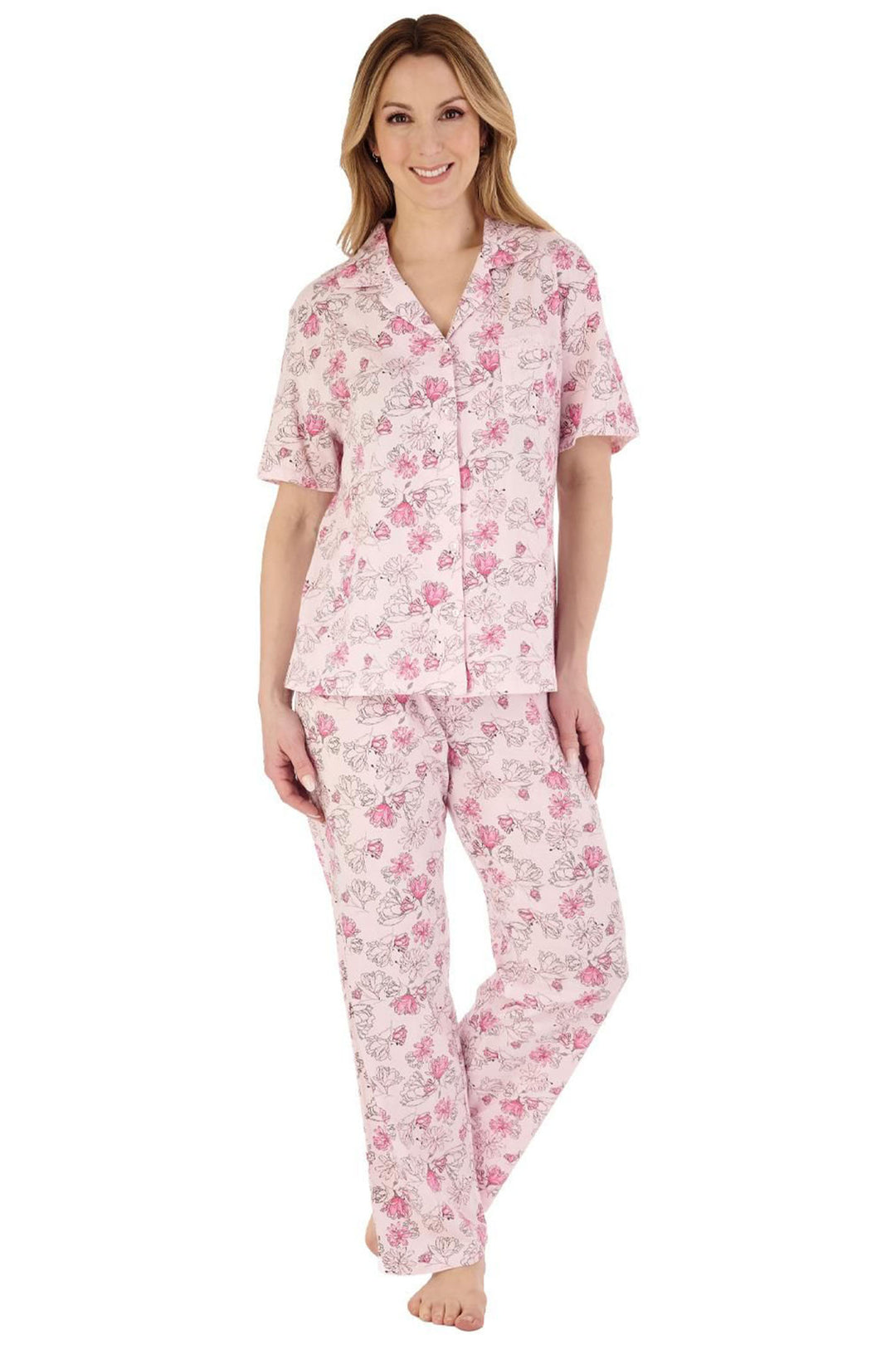 Slenderella PJ88133 Modern Pink Floral Tailored Jersey Pyjama Set - Shirley Allum Boutique