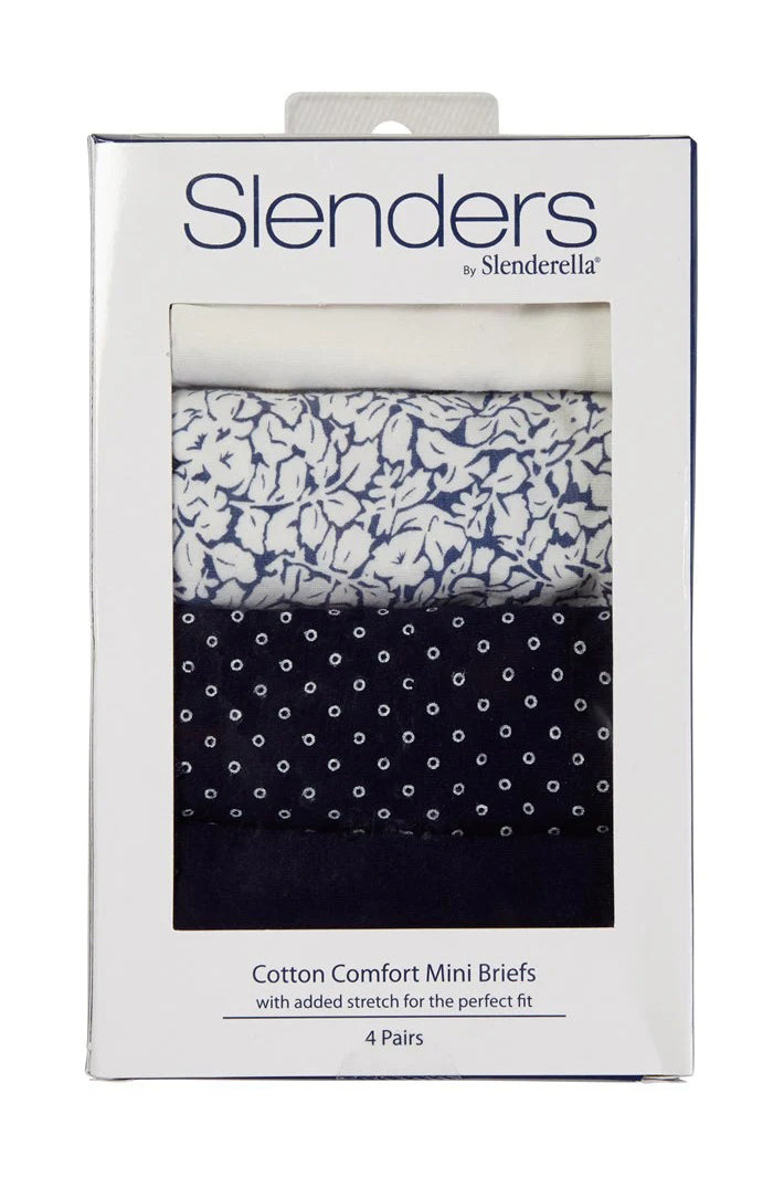 Packaging of Slenders by Slenderella cotton comfort mini briefs with floral and patterned designs.