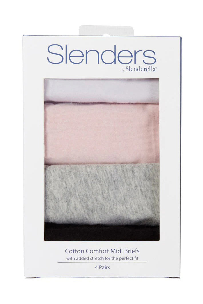 Packaging of Slenders by Slenderella cotton comfort midi briefs with three colors.