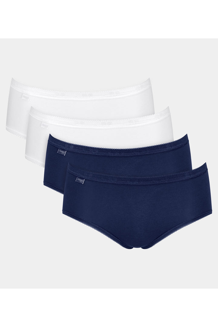 Two pairs of men's underwear, one navy and one white, on a light gray background.