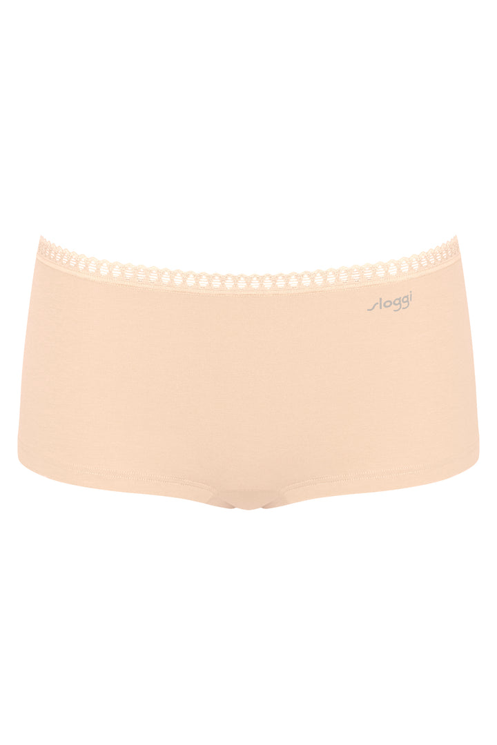Beige headband with lace trim on a white background