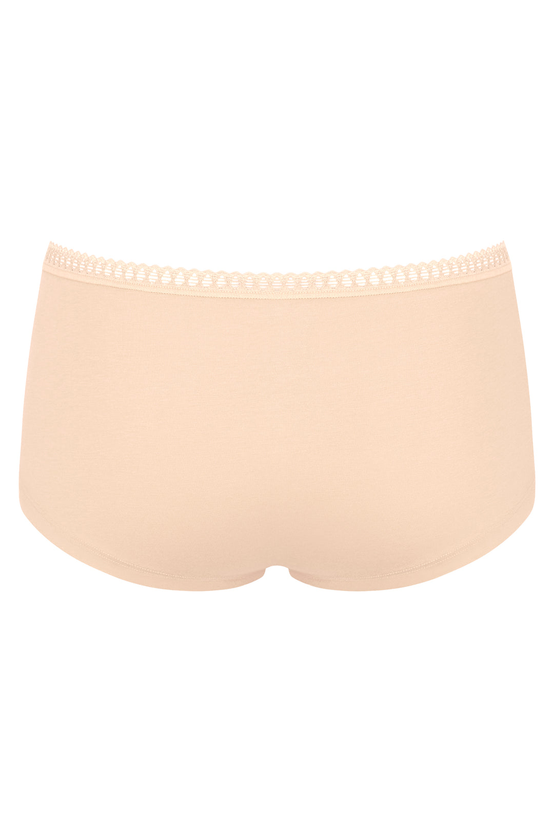 Beige women's underwear with lace trim on a white background