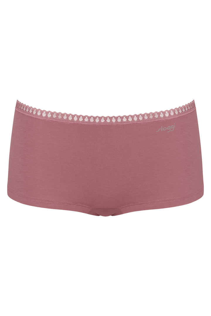 Pink women's underwear with lace trim on a white background