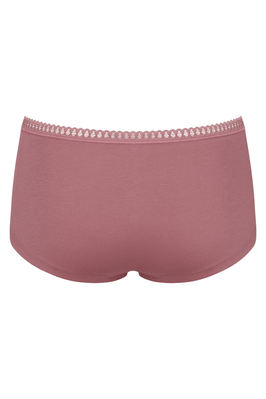 Pink women's underwear with lace trim on a white background
