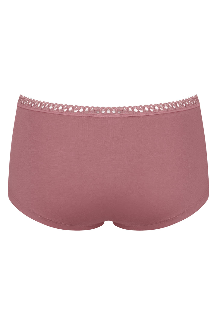 Pink women's underwear with lace trim on a white background