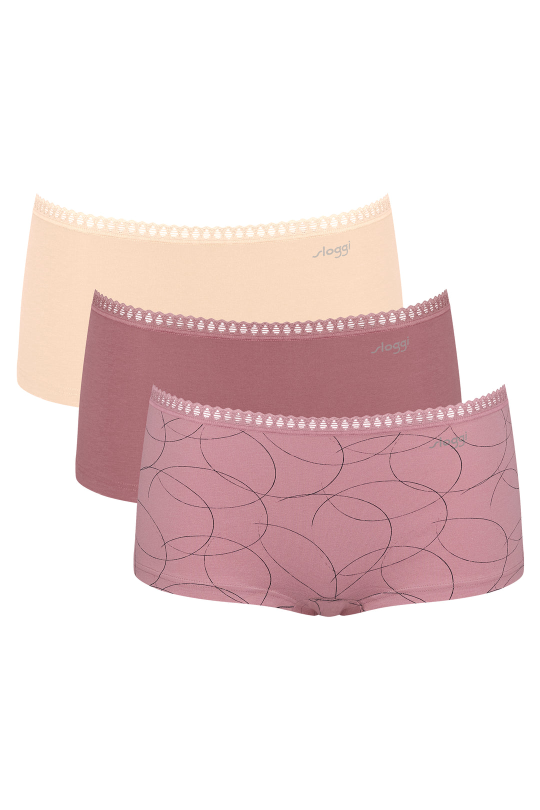 Three pairs of women's underwear in beige, purple, and pink with leaf pattern on a white background.