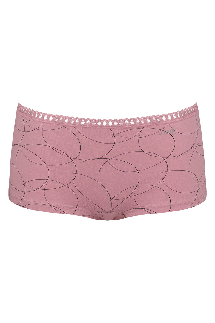 Pink women's underwear with leaf pattern on a white background