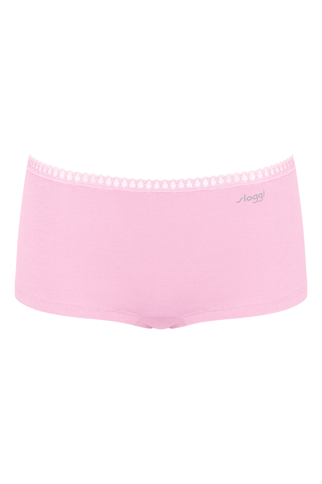 Pink underwear with lace trim on a white background