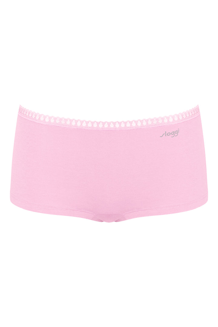 Pink underwear with lace trim on a white background