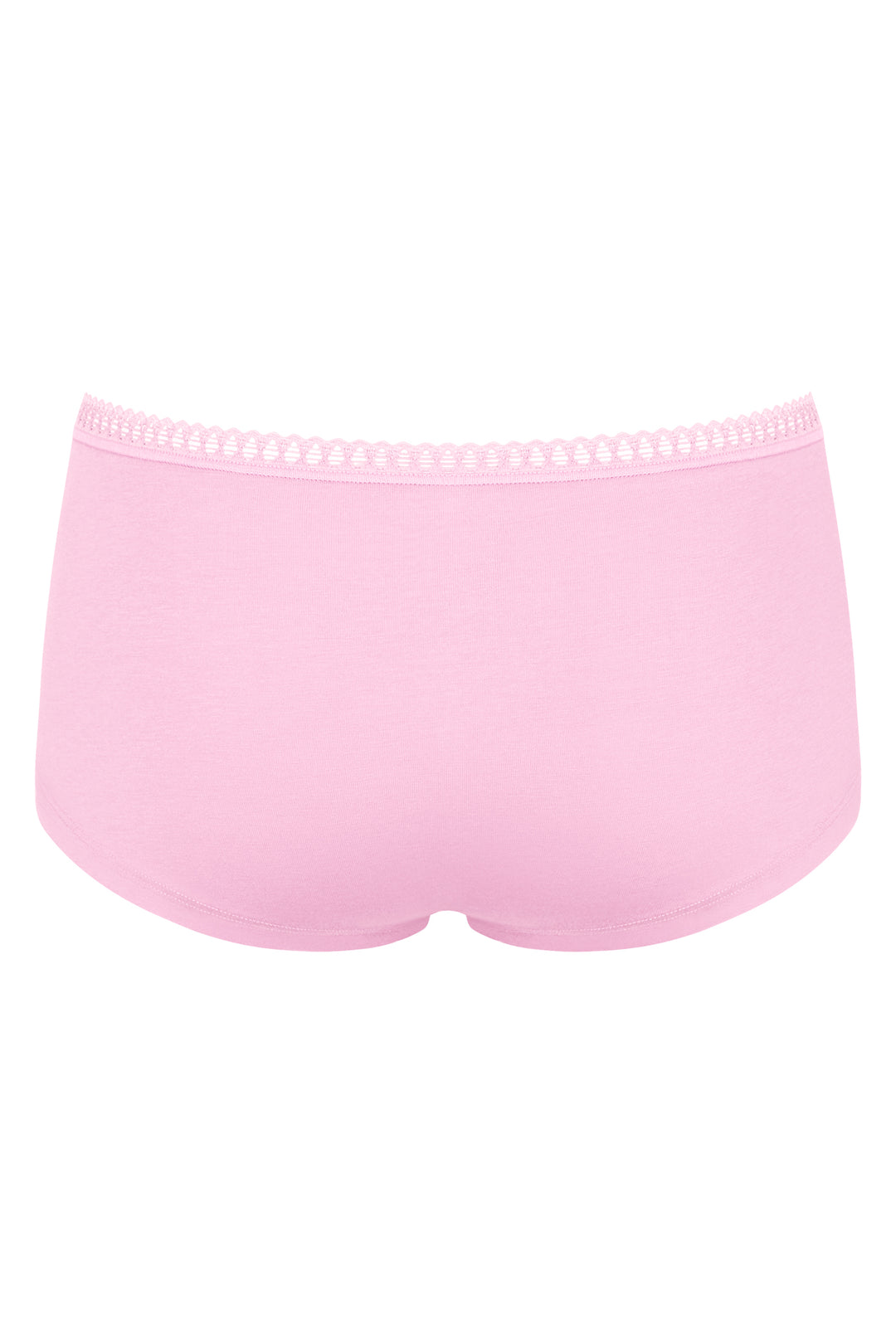 Pink underwear with white trim on a white background