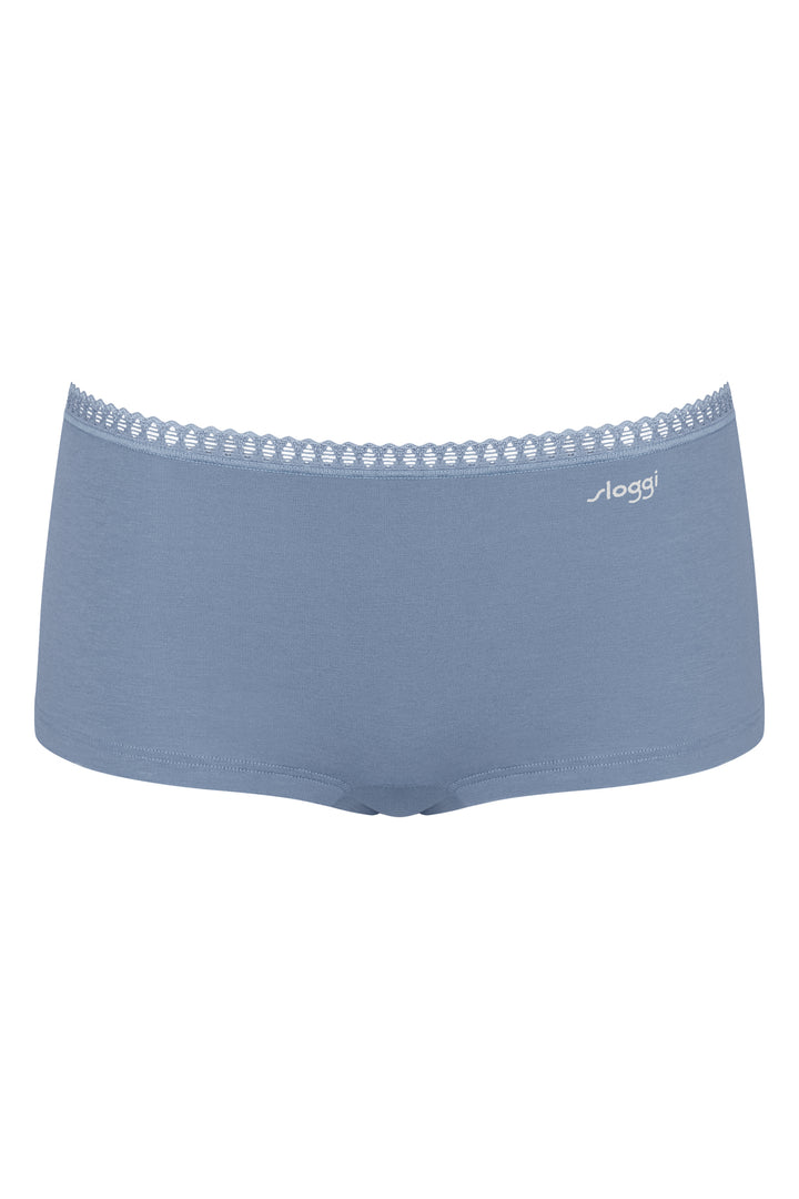 Blue men's underwear with lace trim on a white background