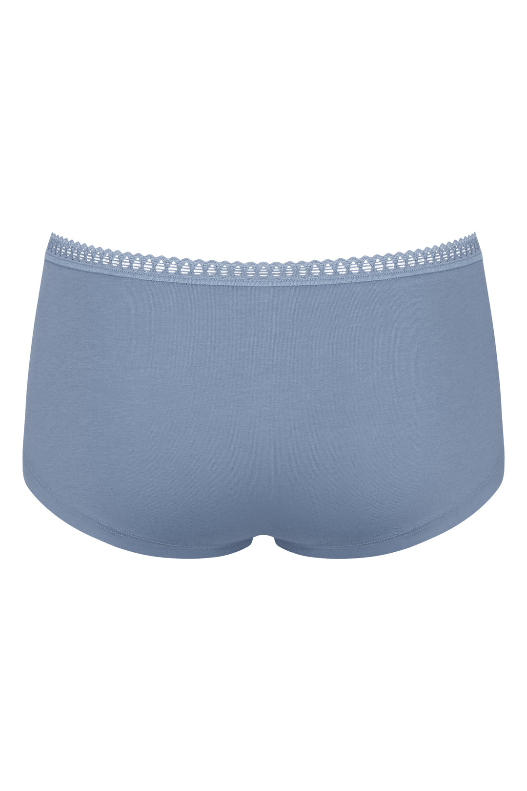 Blue underwear with lace trim on a white background