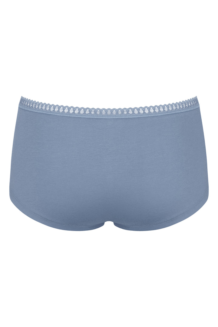 Blue underwear with lace trim on a white background