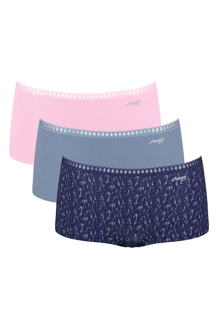 Three pairs of women's underwear in pink, blue, and navy with a subtle pattern on a white background.