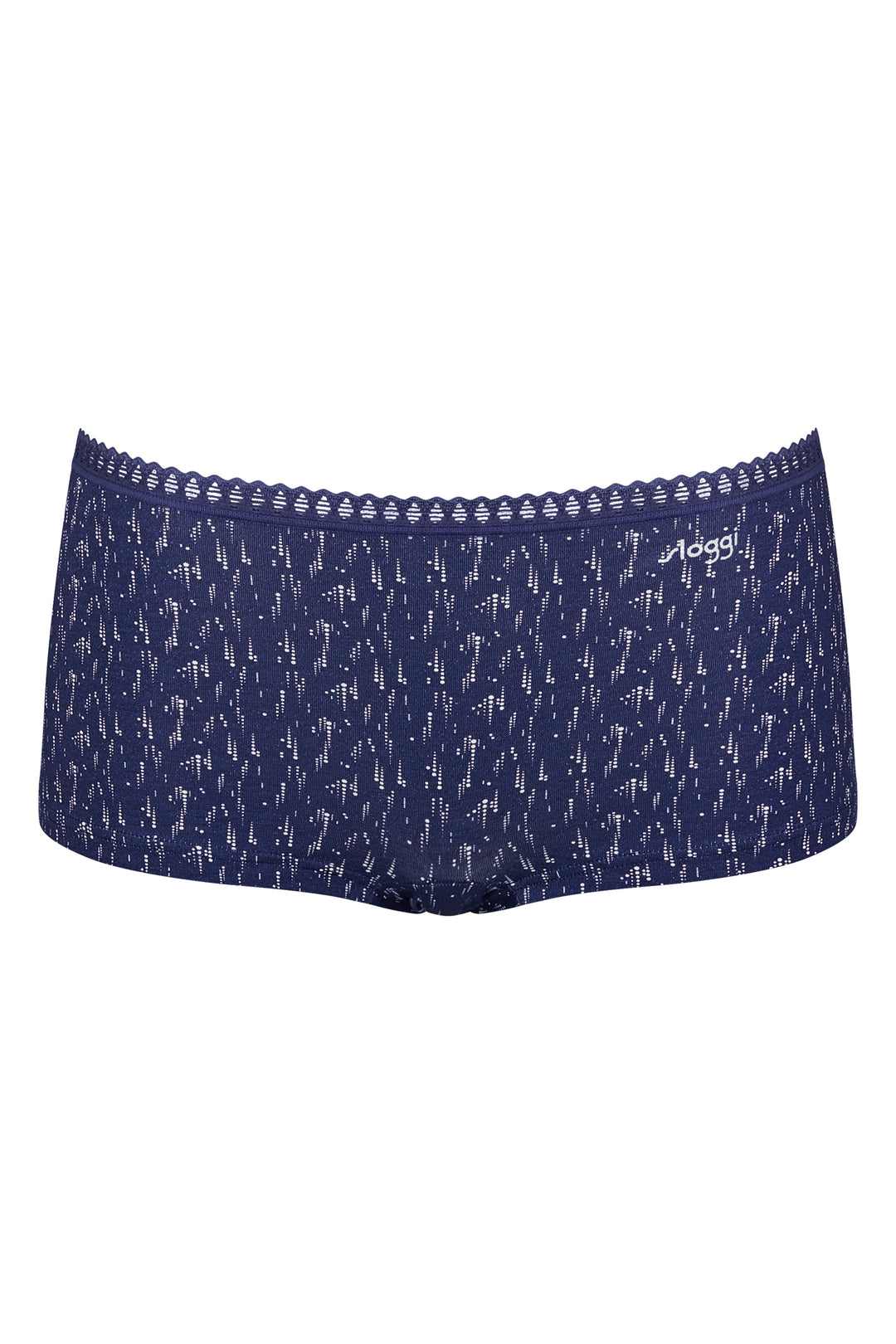 Navy blue boxer briefs with white pattern on a white background