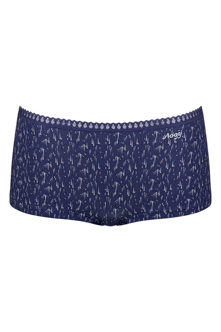 Navy blue boxer briefs with white pattern on a white background