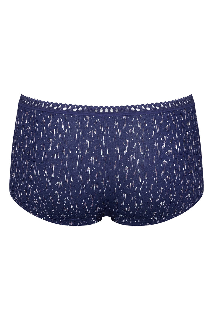 Navy blue boxer briefs with a subtle pattern on a white background