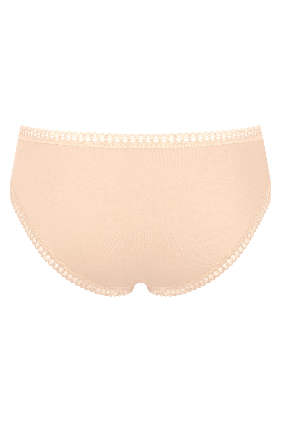 Beige women's underwear with lace trim on a white background