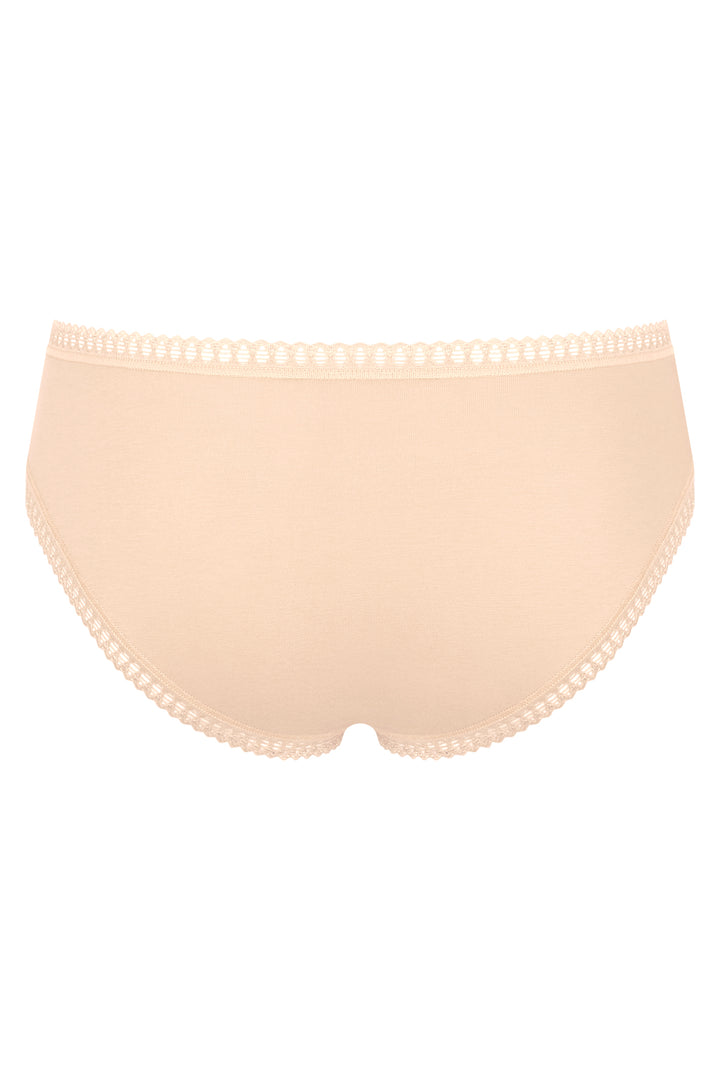 Beige women's underwear with lace trim on a white background