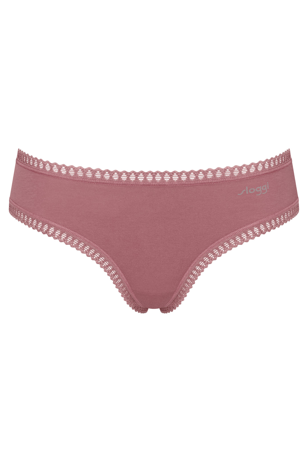 Pink women's underwear with lace trim on a white background