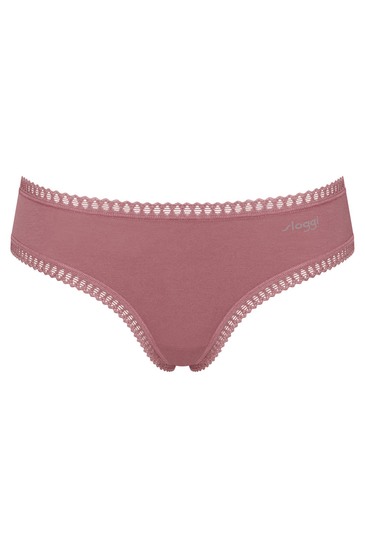 Pink women's underwear with lace trim on a white background