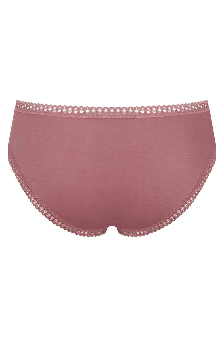 Pink women's underwear with lace trim on a white background