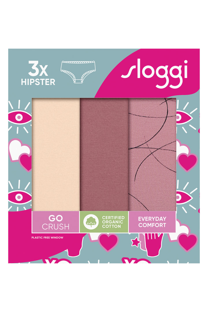 Packaging of Sloggi underwear with three hipster styles on a light blue background.