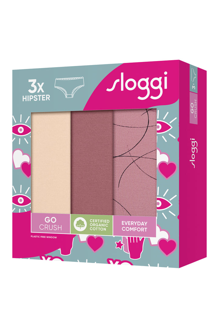 Sloggi underwear package with three pairs of panties on a white background