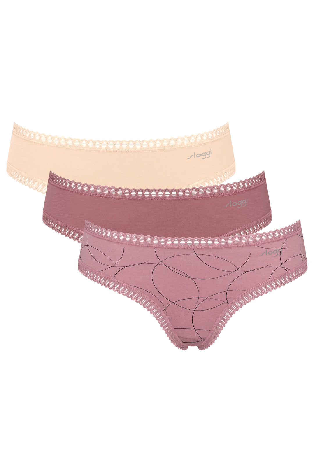 Two pairs of women's underwear, one beige and one pink with lace trim, on a white background.