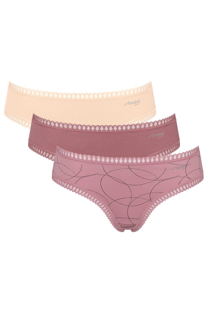 Two pairs of women's underwear, one beige and one pink with lace trim, on a white background.