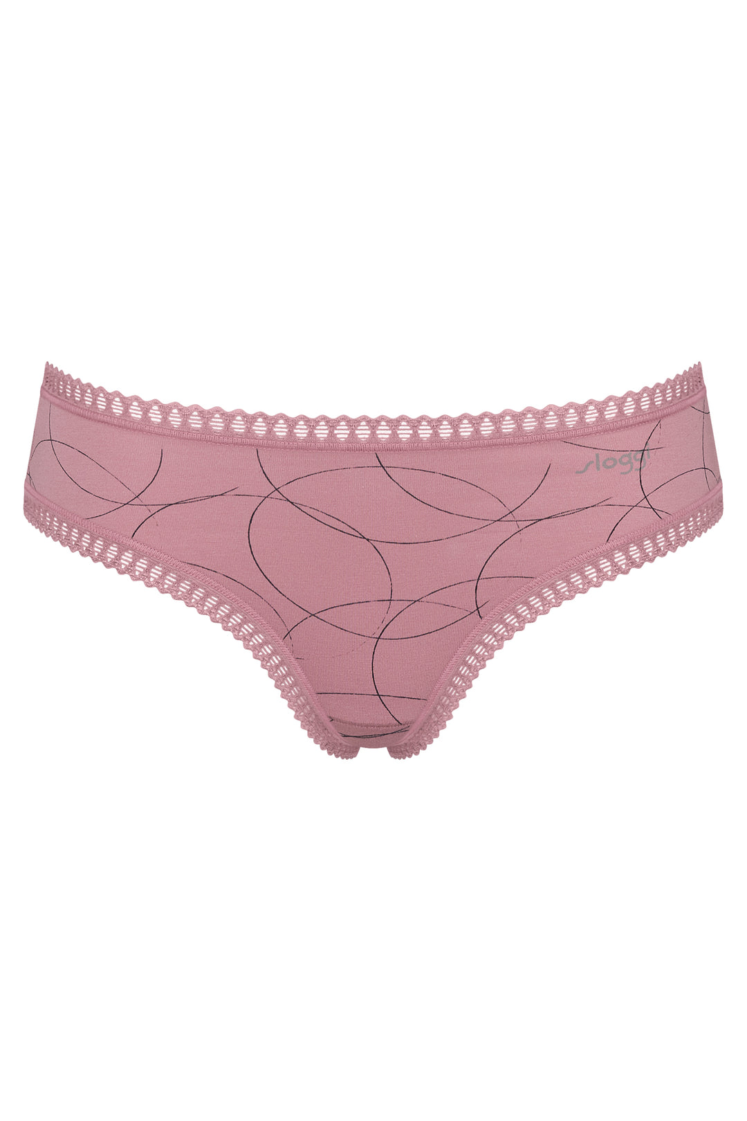 Pink women's underwear with lace trim on a white background