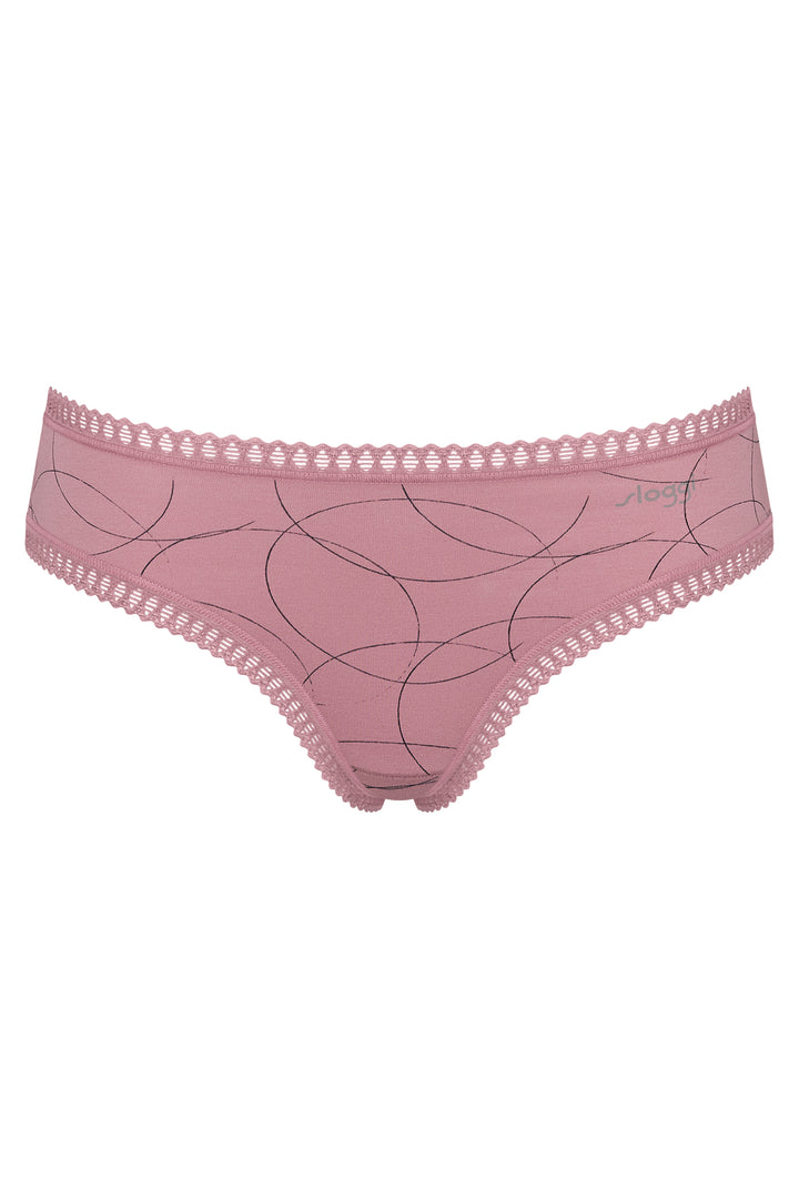 Pink women's underwear with lace trim on a white background