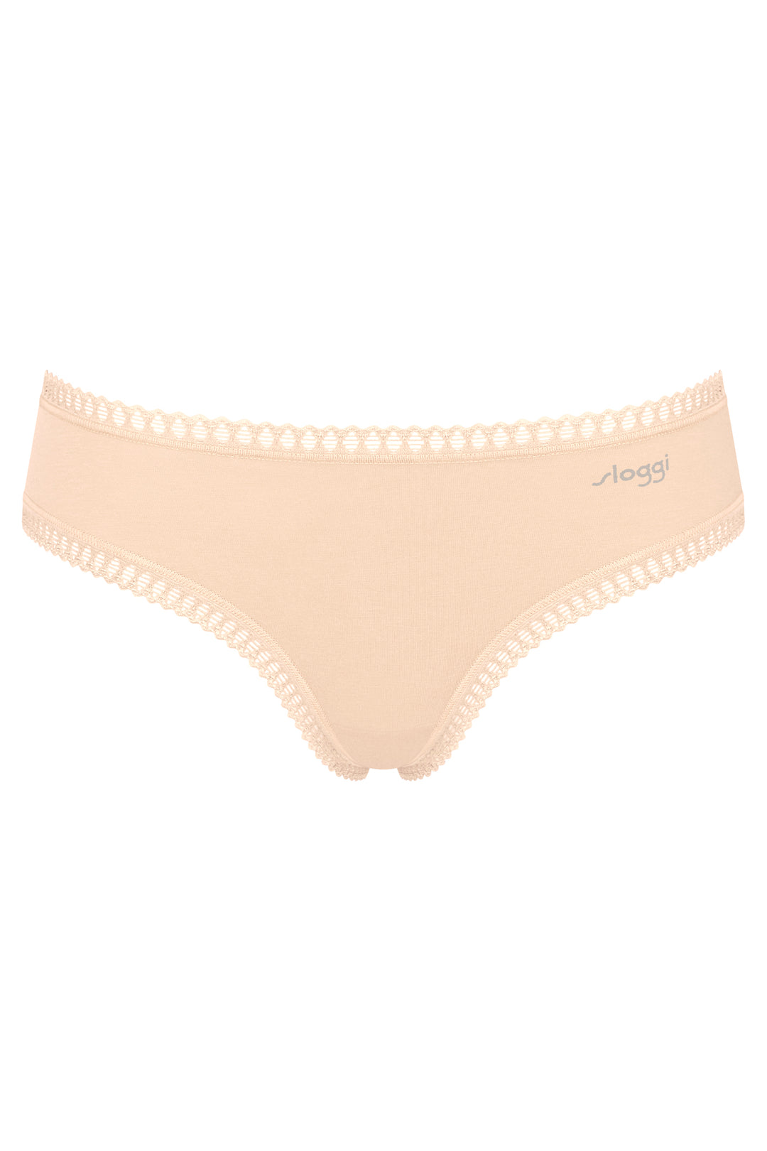 Beige women's underwear with lace trim on a white background