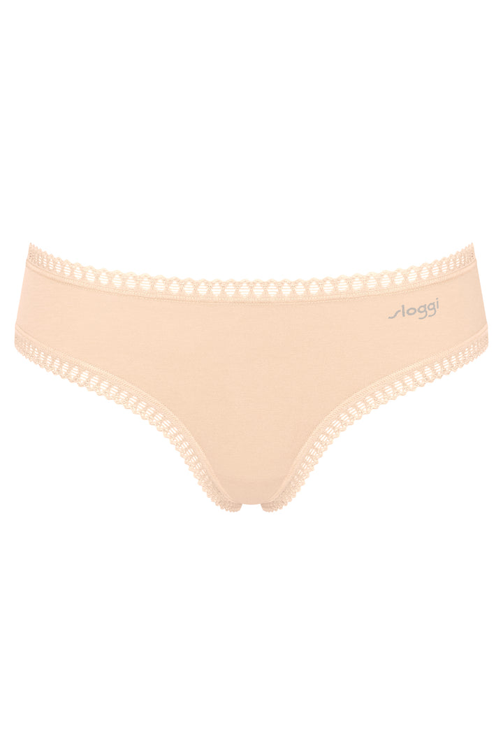 Beige women's underwear with lace trim on a white background