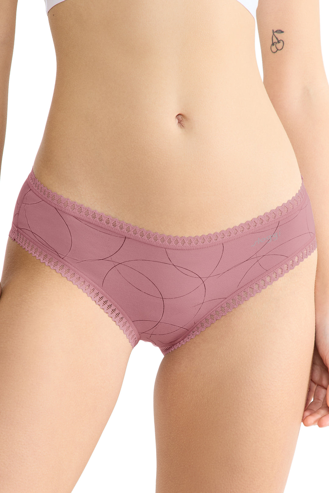 Pink underwear worn by a person on a white background