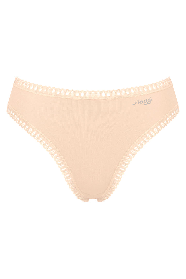 Beige women's underwear with decorative trim on a white background