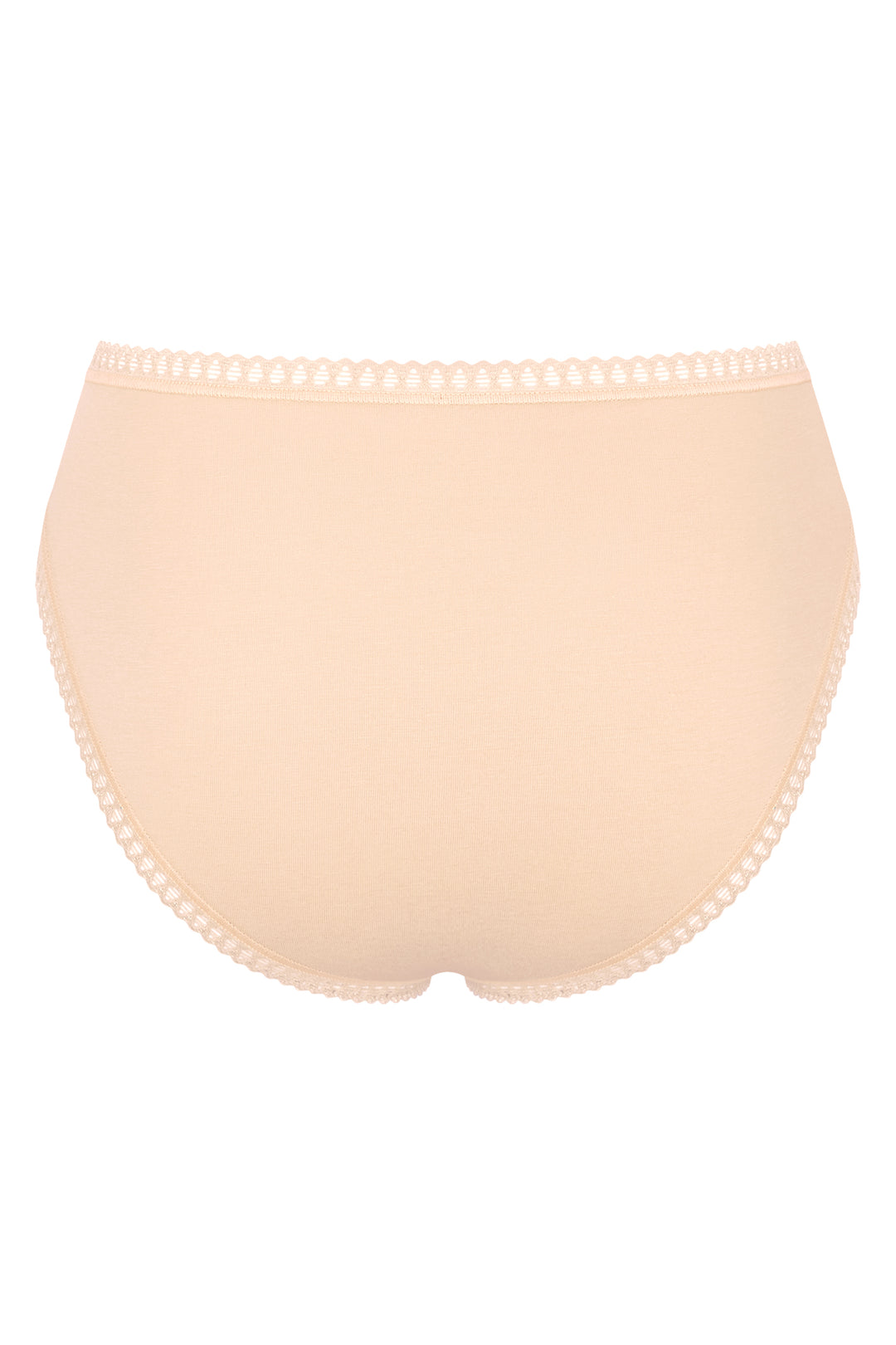 Beige high-waisted underwear with lace trim on a white background