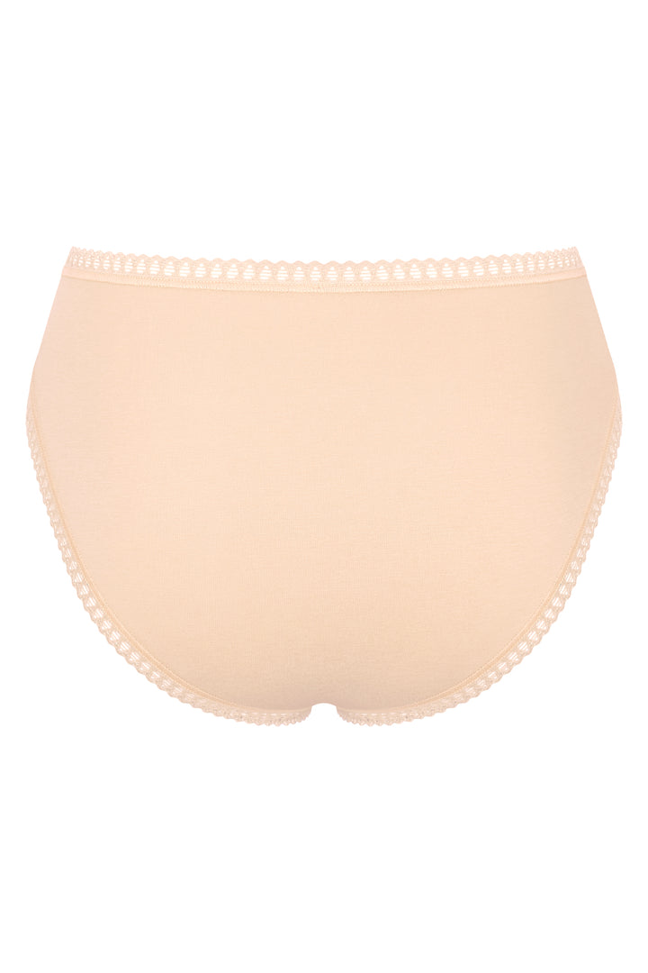 Beige high-waisted underwear with lace trim on a white background