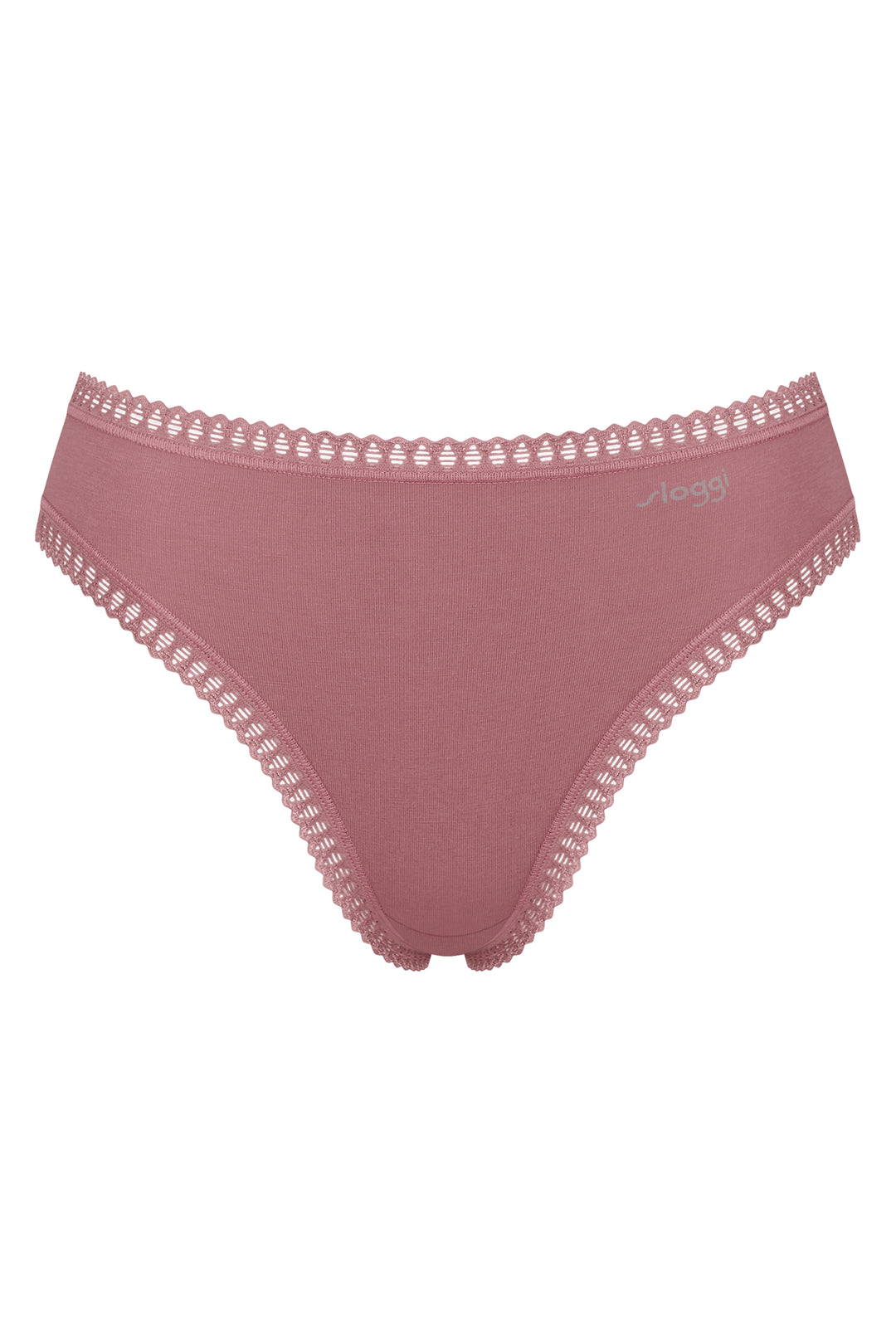 Pink women's underwear with lace trim on a white background