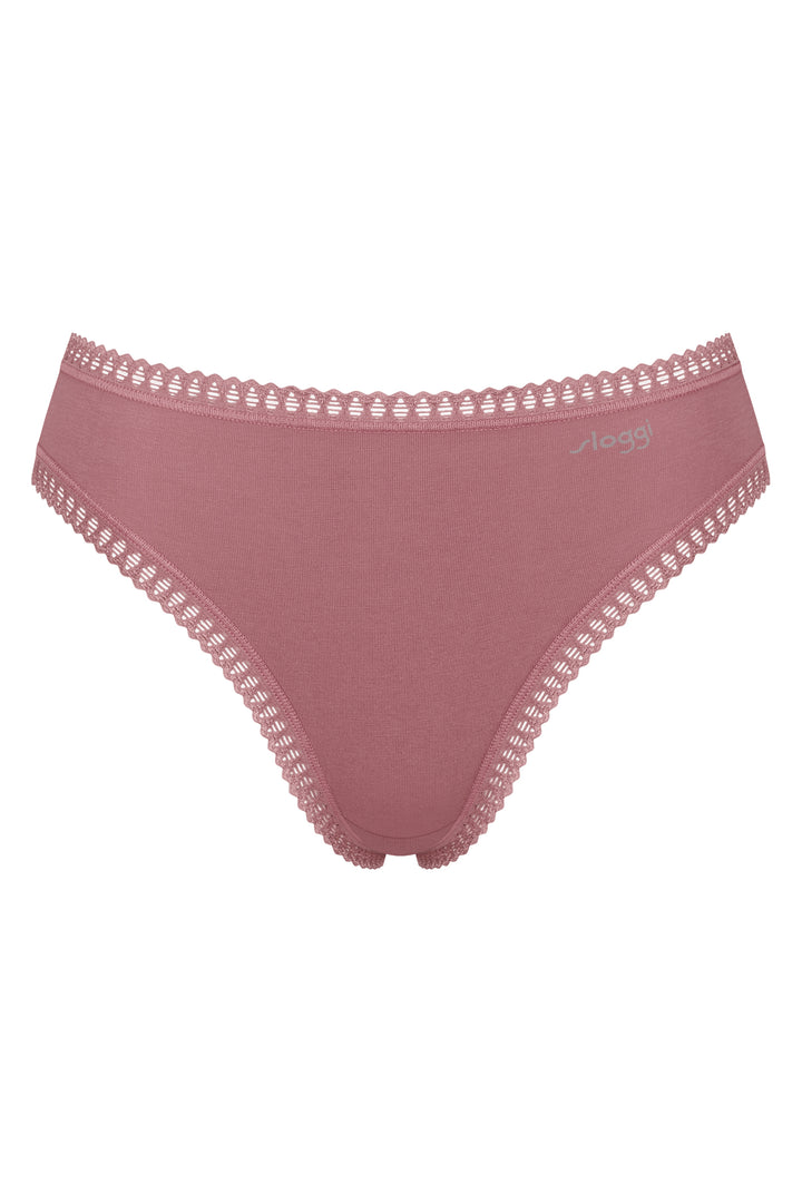 Pink women's underwear with lace trim on a white background