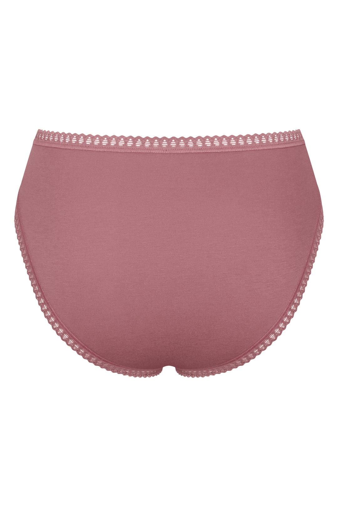 Pink women's underwear with lace trim on a white background