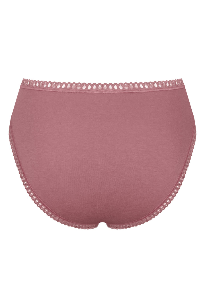 Pink women's underwear with lace trim on a white background