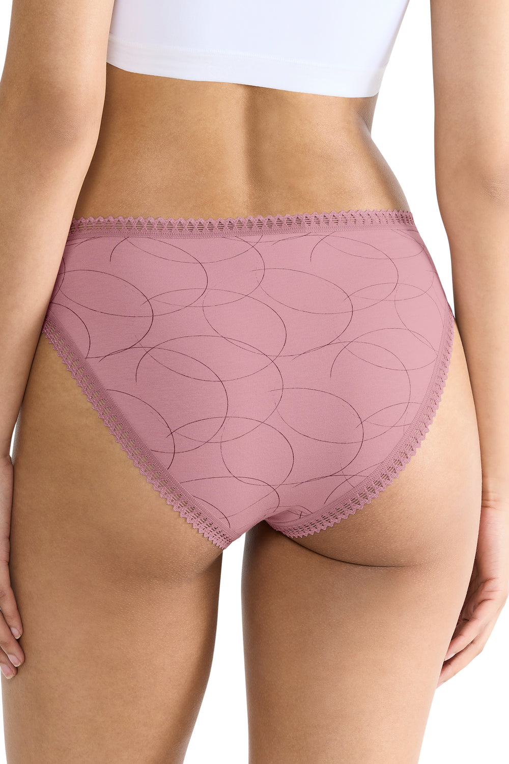 Pink underwear worn by a person on a white background