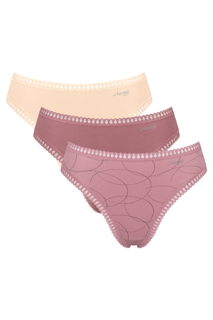 Three pairs of women's underwear, one beige and two pink, on a white background.